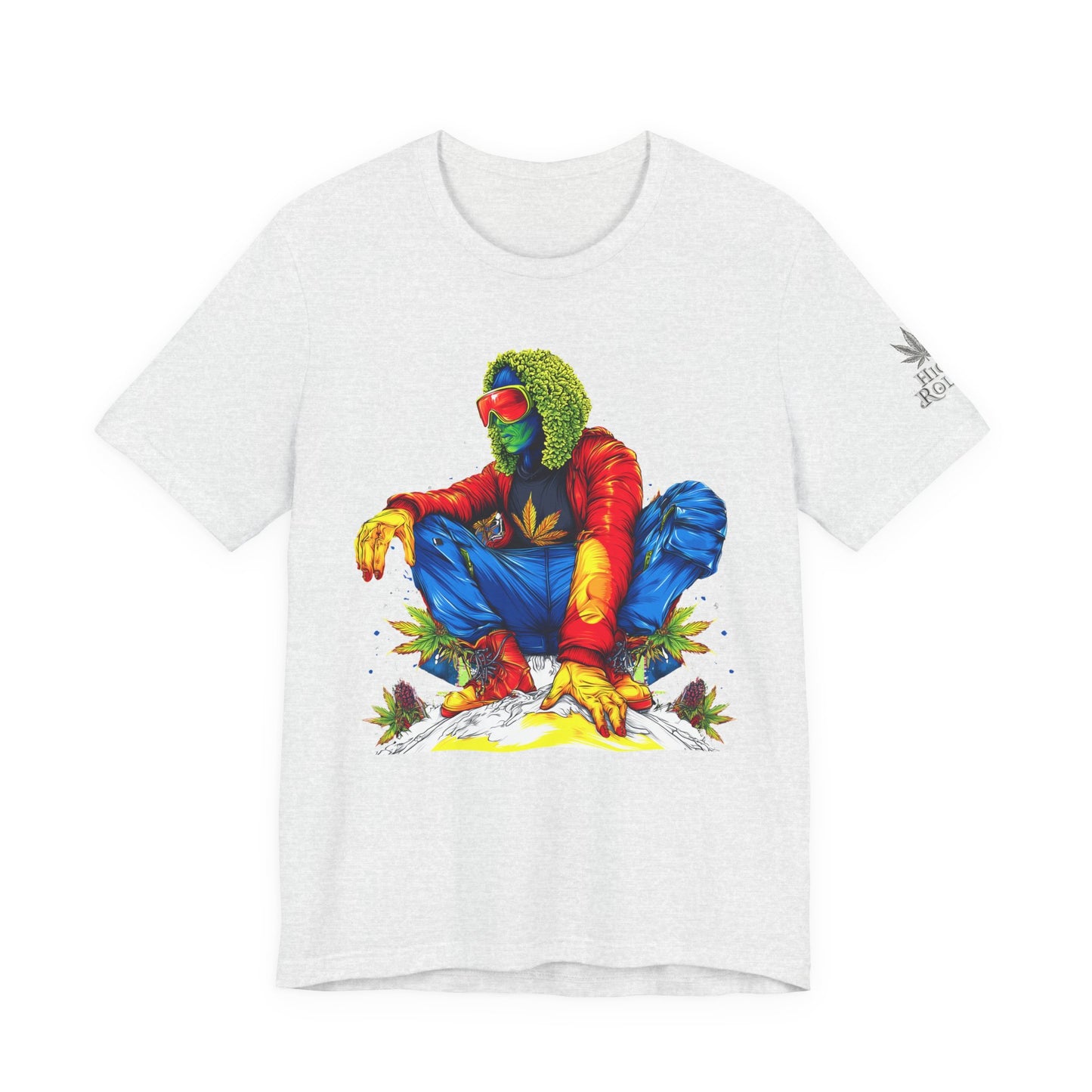 Psychedelic Chill Premium Cannabis Culture T-Shirt - Vibrant Street Art With Rainbow Color Explosion And Meditative Pose