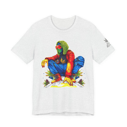 Psychedelic Chill Premium Cannabis Culture T-Shirt - Vibrant Street Art With Rainbow Color Explosion And Meditative Pose