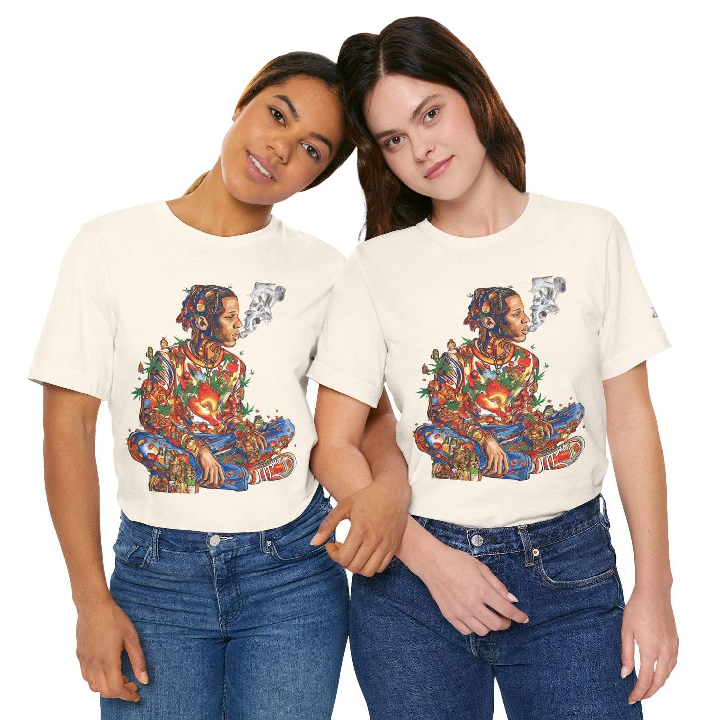 High Roller Meditation Mosaic Cannabis T-Shirt - Premium 420 Hip-Hop Zen Cross-Legged Street Culture Artistic Collage Apparel