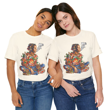 High Roller Meditation Mosaic Cannabis T-Shirt - Premium 420 Hip-Hop Zen Cross-Legged Street Culture Artistic Collage Apparel