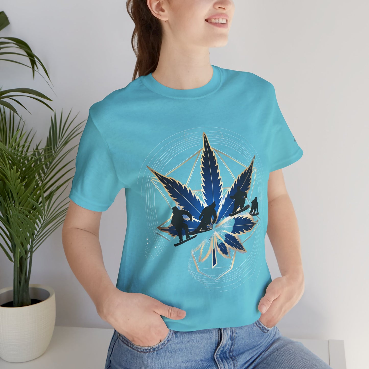 Sacred Geometry Snowboard Premium Cannabis Culture T-Shirt - Emerald Green Tee With Action Sports And Crystalline Cannabis Geometric Mandala