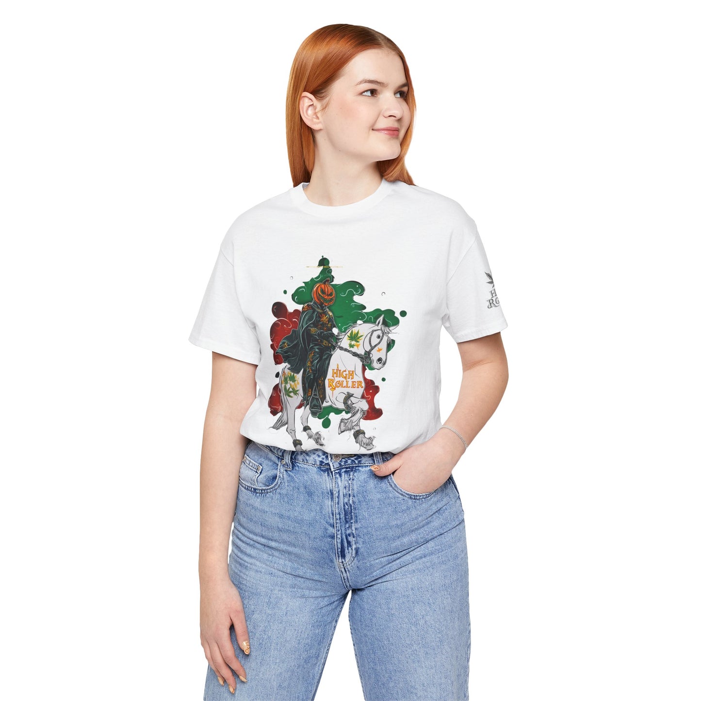 Headless Horseman HIGH ROLLER Halloween Cannabis T-Shirt - Premium Pumpkin Rider Skeletal Steed 420 Apparel
