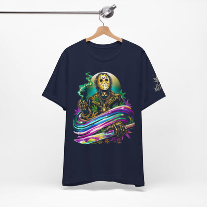 Psychedelic Jason Swoosh Cannabis T-Shirt - Premium Horror 420 Orange Edition Apparel