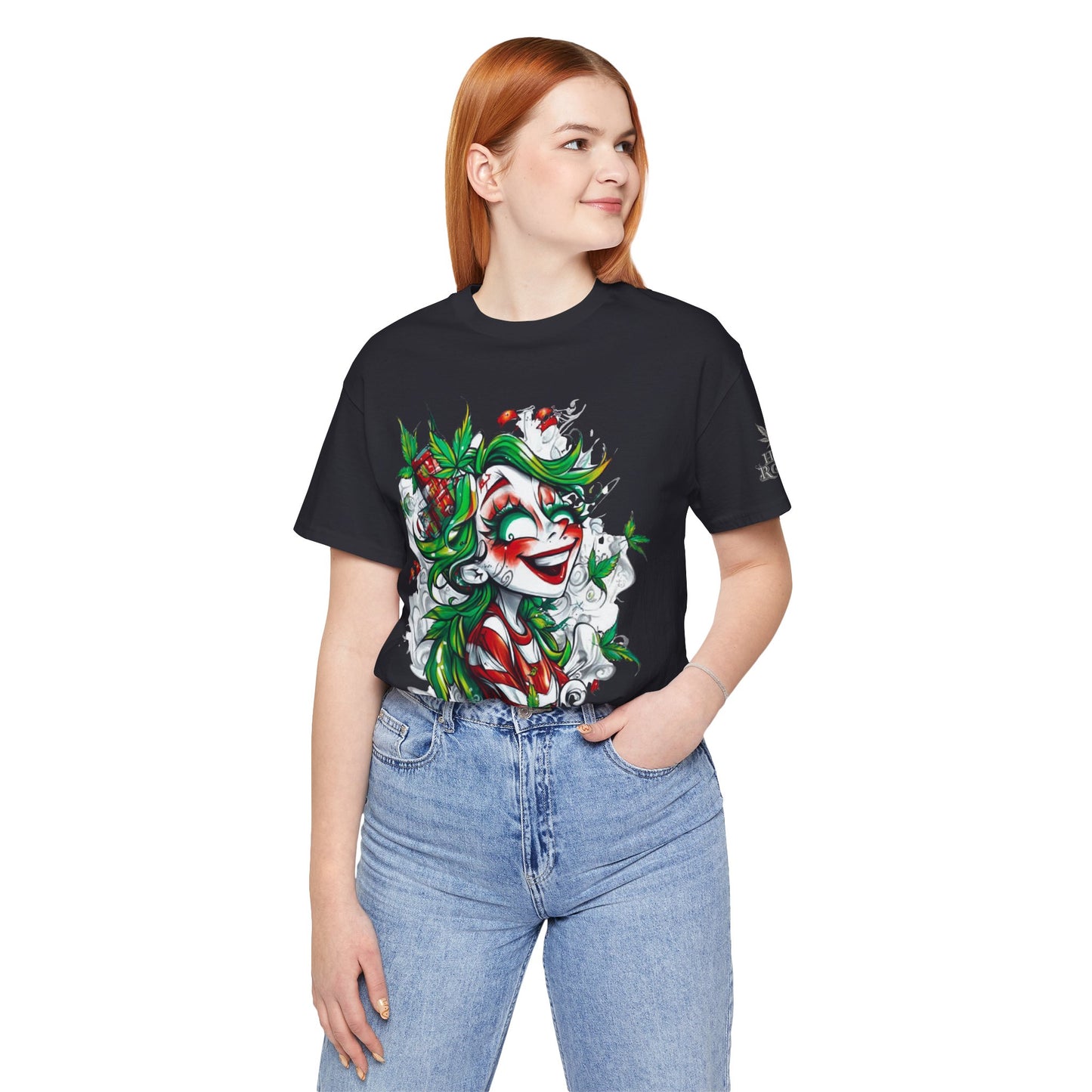 High Roller Jester Queen Cannabis T-Shirt - Premium 420 Harlequin Beauty Holiday Celebration Apparel