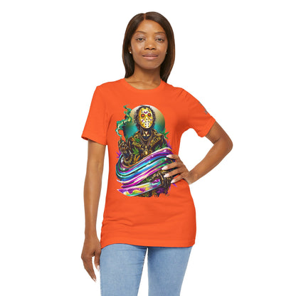 Psychedelic Jason Swoosh Cannabis T-Shirt - Premium Horror 420 Orange Edition Apparel