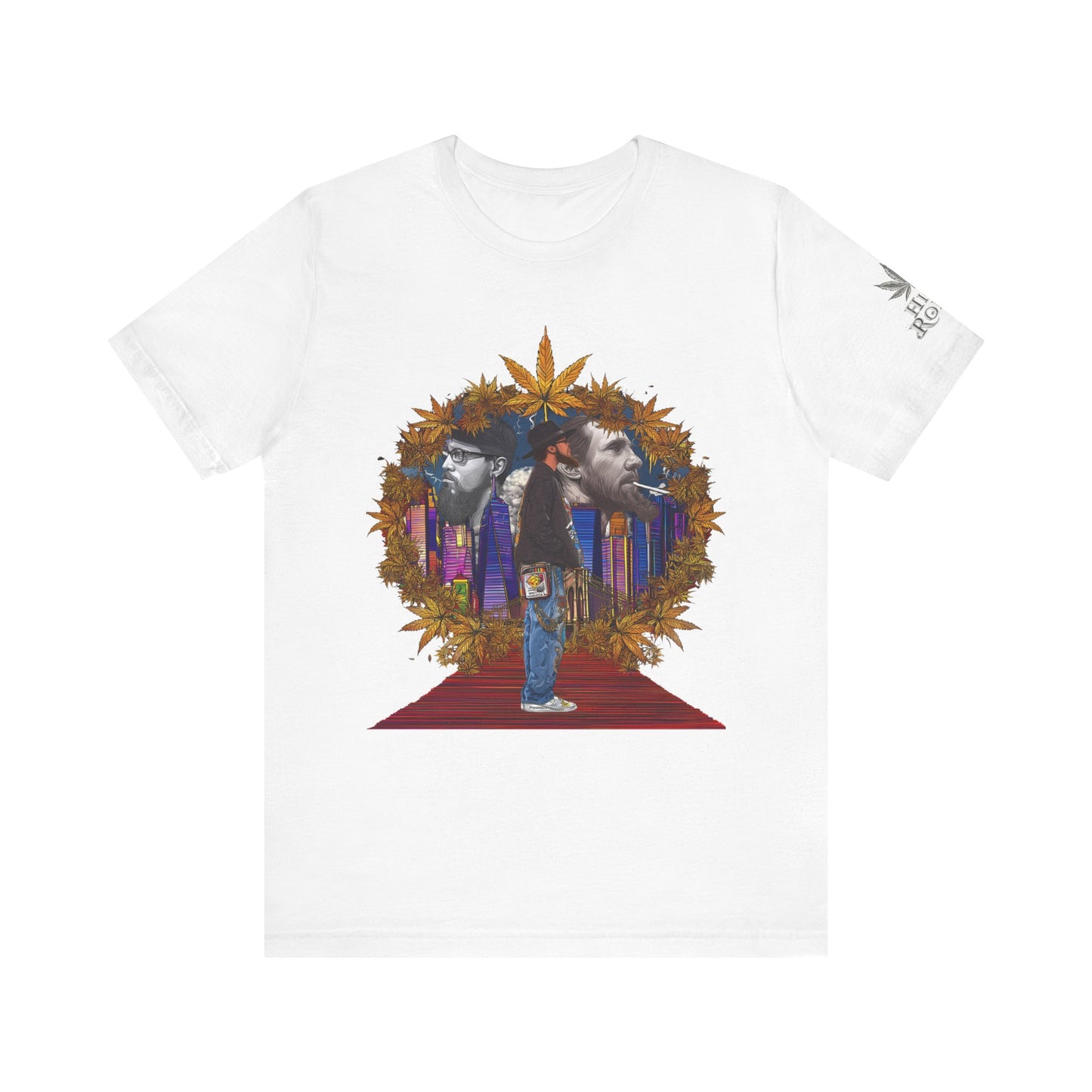 Red Carpet Royalty Premium Cannabis Culture T-Shirt - Hip-Hop Legends Tribute With Golden Cannabis Wreath And City Skyline