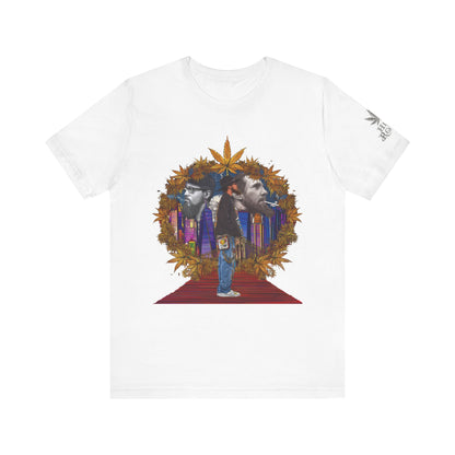 Red Carpet Royalty Premium Cannabis Culture T-Shirt - Hip-Hop Legends Tribute With Golden Cannabis Wreath And City Skyline