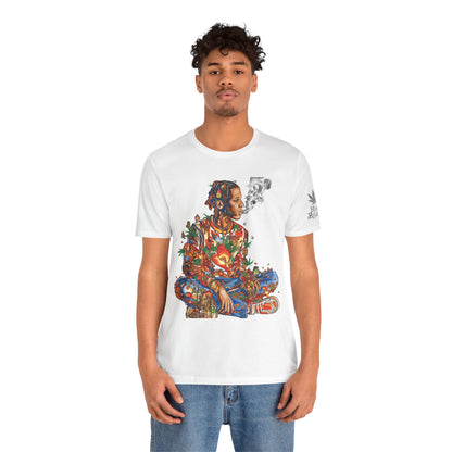 High Roller Meditation Mosaic Cannabis T-Shirt - Premium 420 Hip-Hop Zen Cross-Legged Street Culture Artistic Collage Apparel
