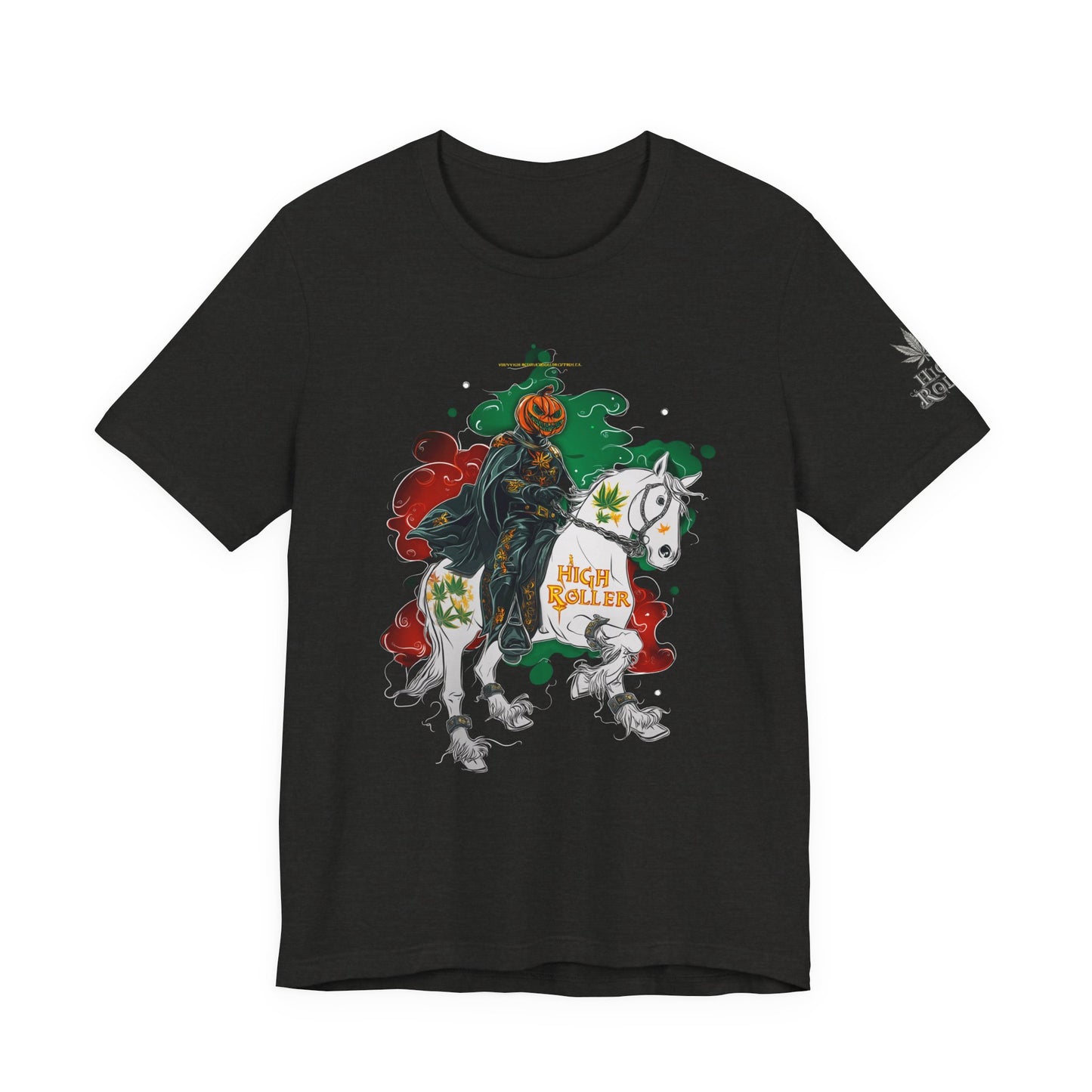 Headless Horseman HIGH ROLLER Halloween Cannabis T-Shirt - Premium Pumpkin Rider Skeletal Steed 420 Apparel
