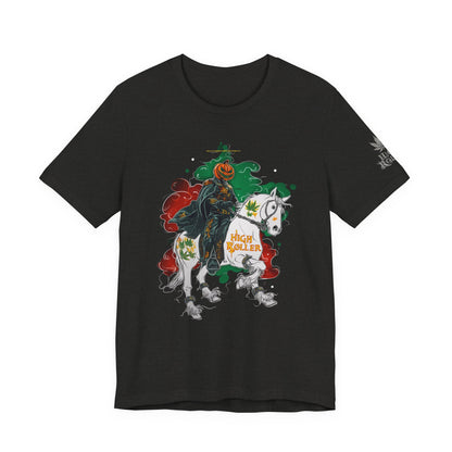 Headless Horseman HIGH ROLLER Halloween Cannabis T-Shirt - Premium Pumpkin Rider Skeletal Steed 420 Apparel