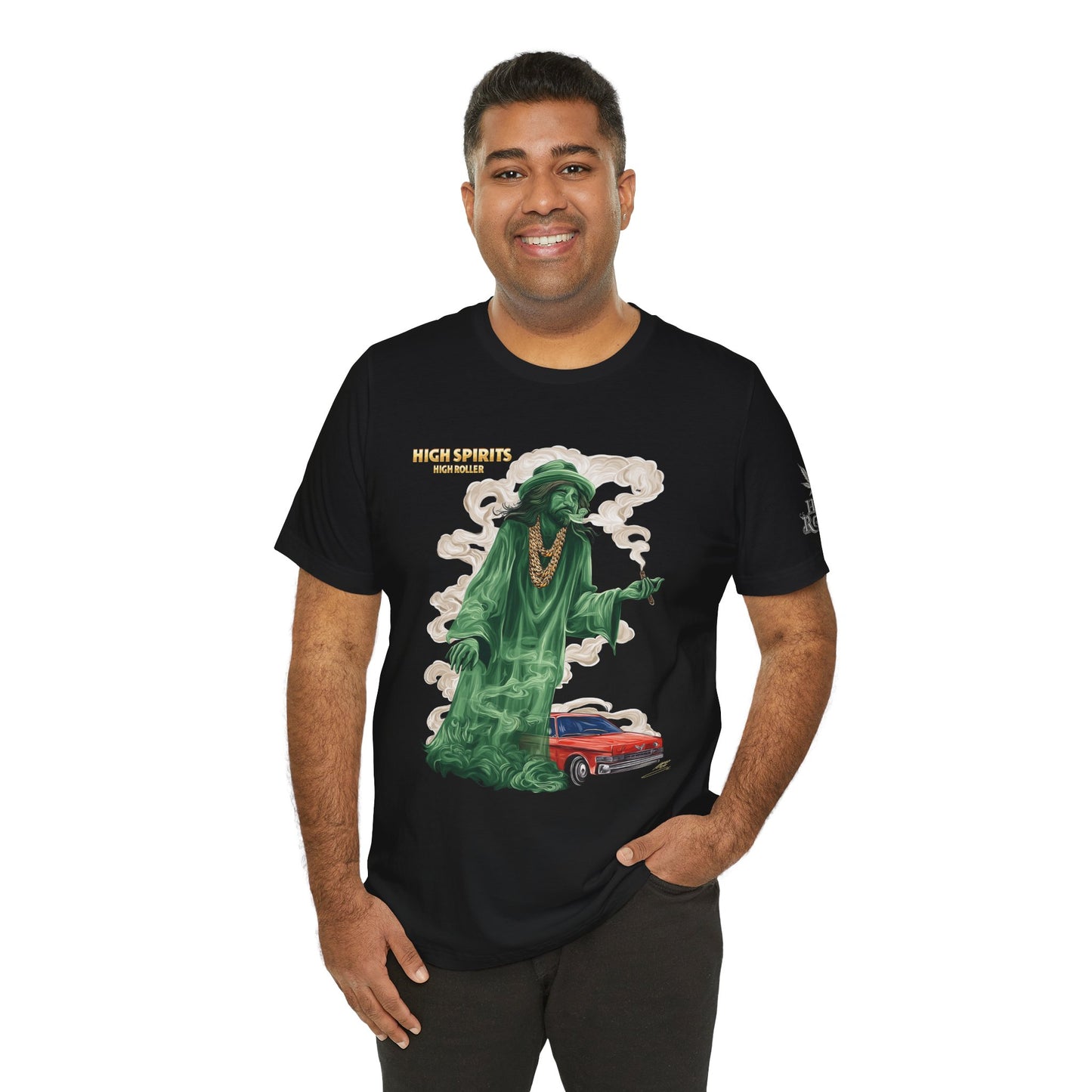 High Spirits HIGH ROLLER Halloween Cannabis Ghost T-Shirt - Premium Spectral Lowrider Phantom 420 Apparel