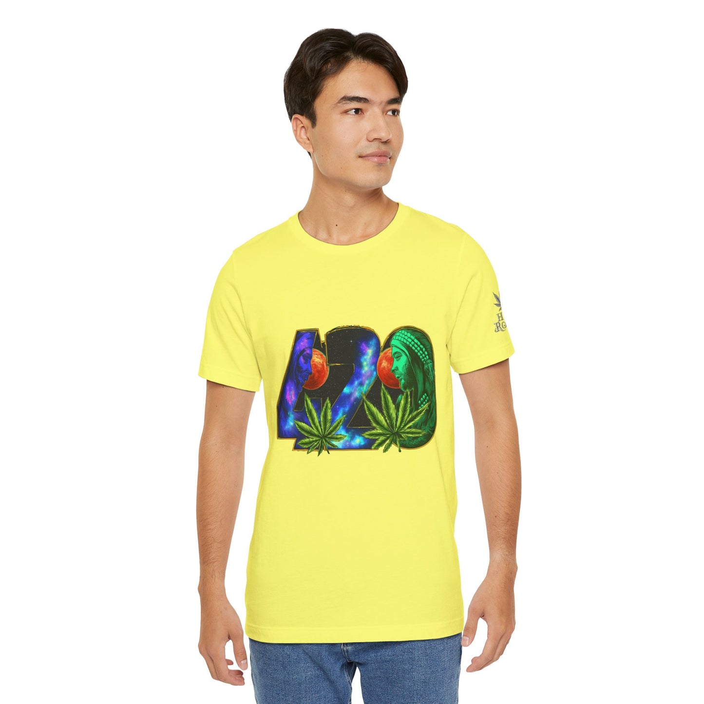 420 Cosmic Connection Premium Cannabis Culture T-Shirt - Bold Typography With Celestial Profiles And Luminous Cannabis Leaf Design