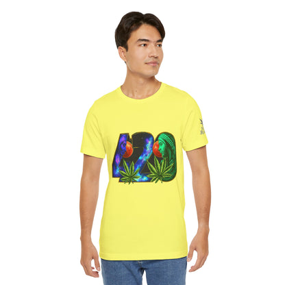 420 Cosmic Connection Premium Cannabis Culture T-Shirt - Bold Typography With Celestial Profiles And Luminous Cannabis Leaf Design