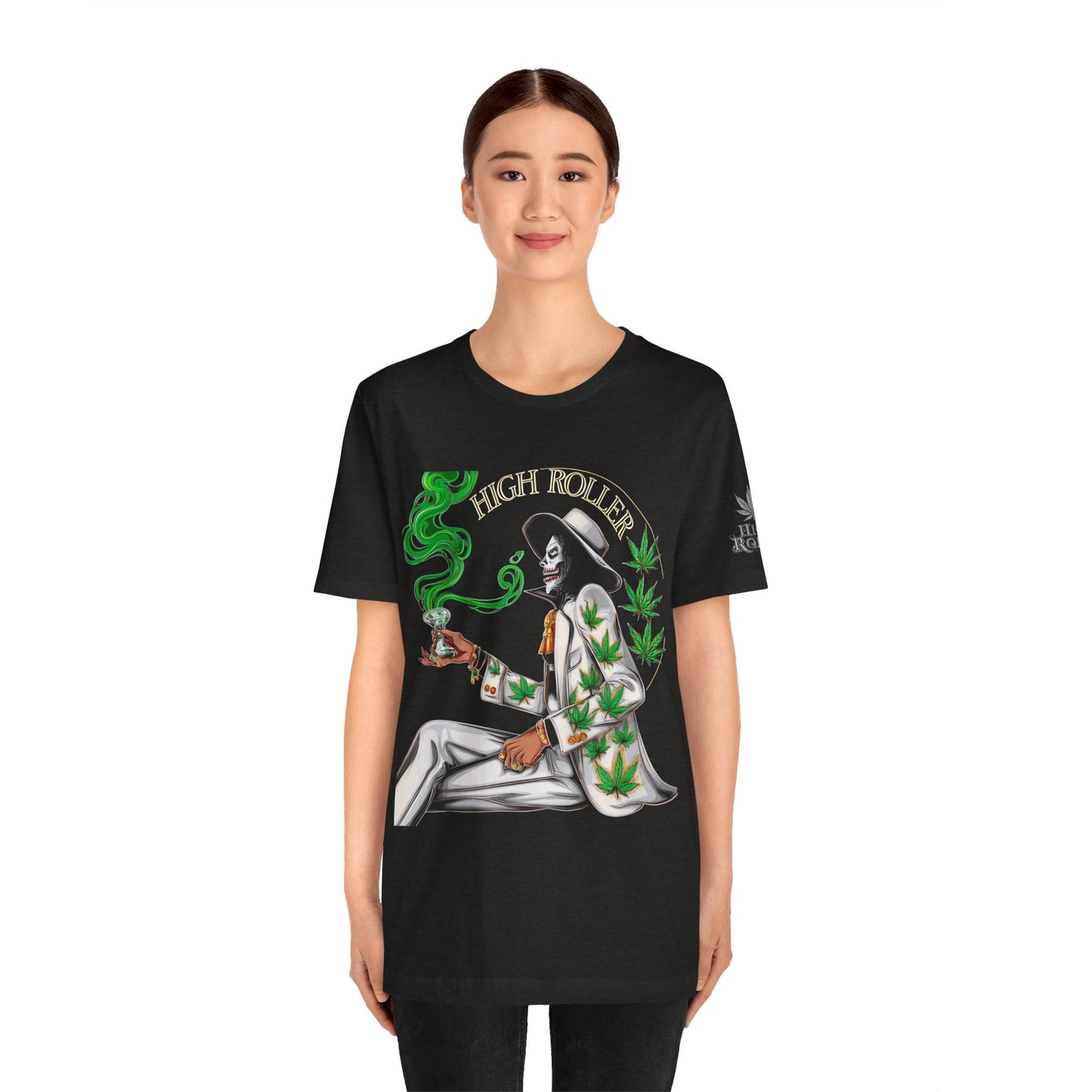 Skeletal HIGH ROLLER Halloween Cannabis Lounge T-Shirt - Premium Death's Day Off Botanical Relaxation 420 Apparel