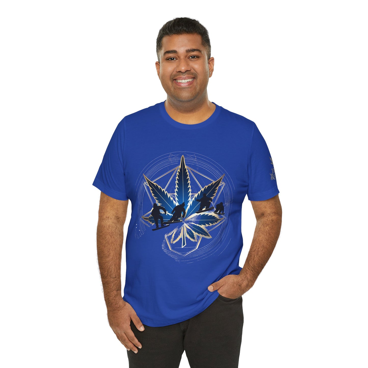 Sacred Geometry Snowboard Premium Cannabis Culture T-Shirt - Emerald Green Tee With Action Sports And Crystalline Cannabis Geometric Mandala