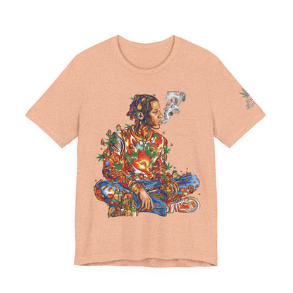 High Roller Meditation Mosaic Cannabis T-Shirt - Premium 420 Hip-Hop Zen Cross-Legged Street Culture Artistic Collage Apparel