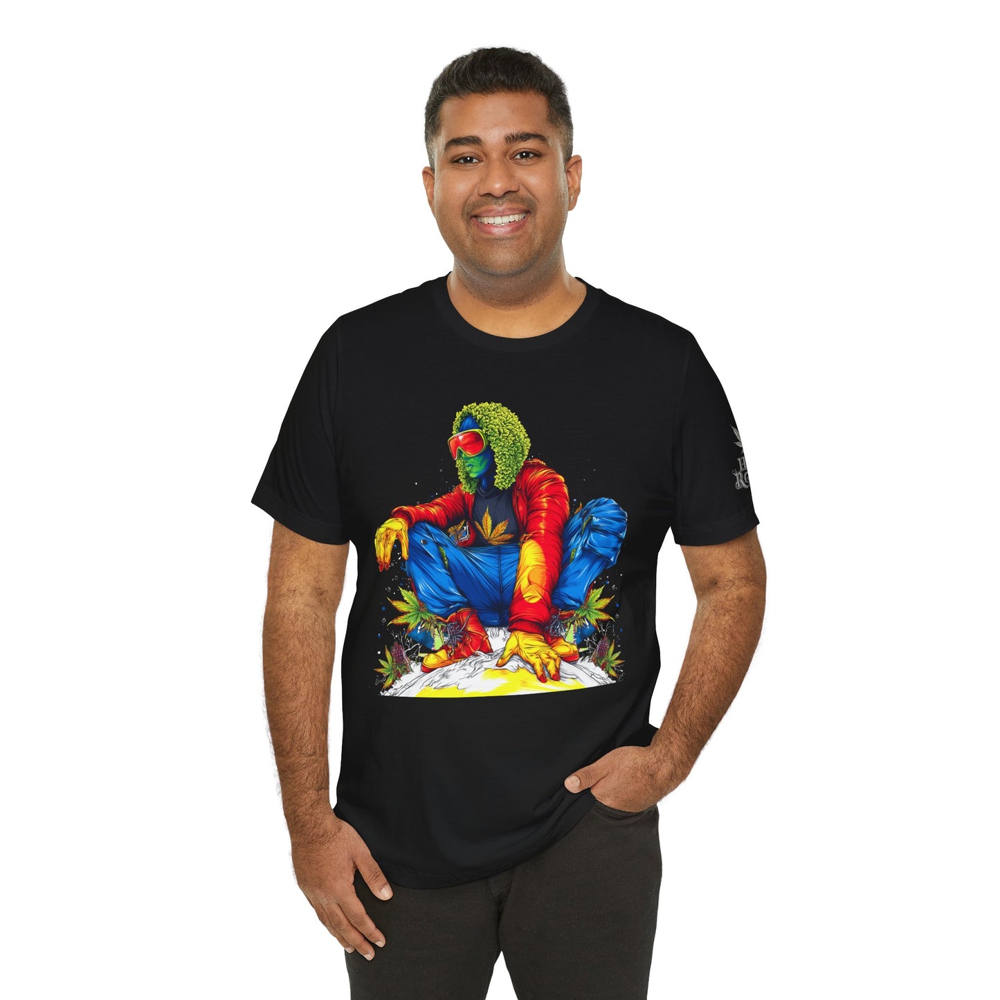 Psychedelic Chill Premium Cannabis Culture T-Shirt - Vibrant Street Art With Rainbow Color Explosion And Meditative Pose