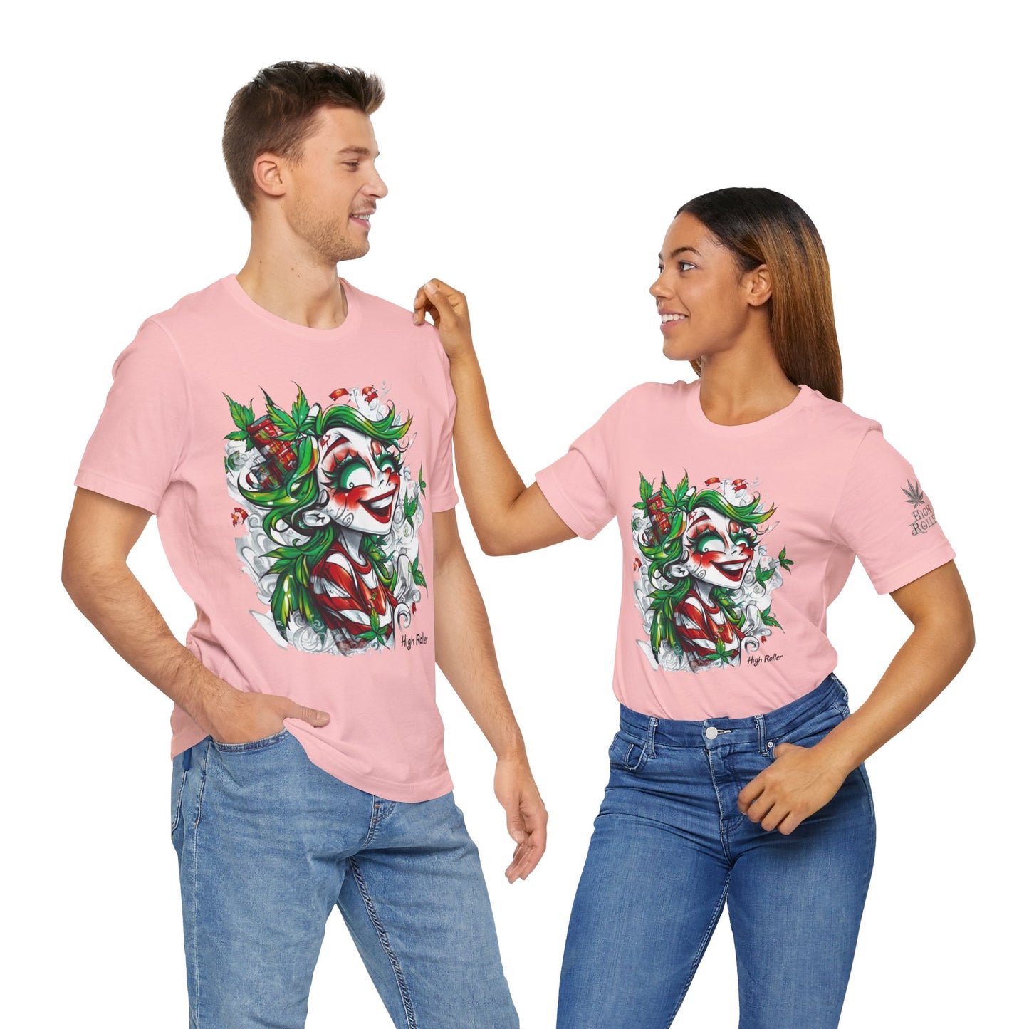 High Roller Jester Queen Cannabis T-Shirt - Premium 420 Harlequin Beauty Holiday Celebration Apparel