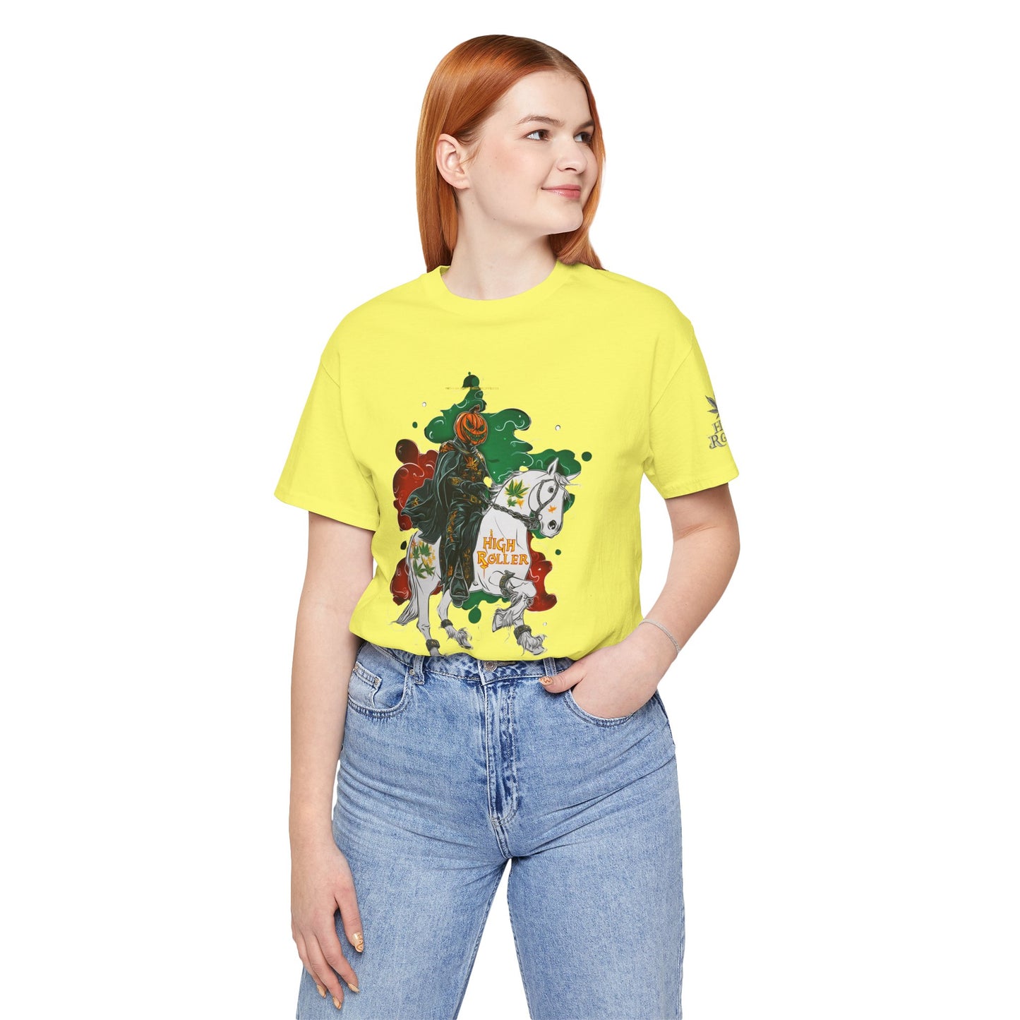 Headless Horseman HIGH ROLLER Halloween Cannabis T-Shirt - Premium Pumpkin Rider Skeletal Steed 420 Apparel