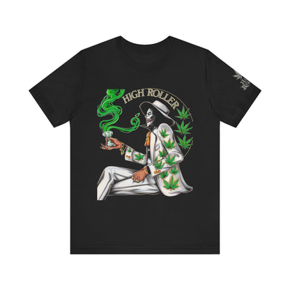 Skeletal HIGH ROLLER Halloween Cannabis Lounge T-Shirt - Premium Death's Day Off Botanical Relaxation 420 Apparel