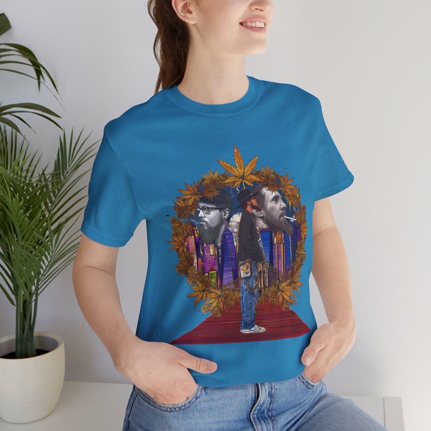 Red Carpet Royalty Premium Cannabis Culture T-Shirt - Hip-Hop Legends Tribute With Golden Cannabis Wreath And City Skyline