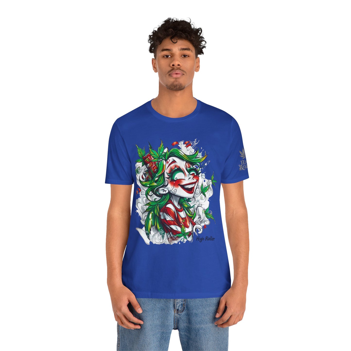High Roller Jester Queen Cannabis T-Shirt - Premium 420 Harlequin Beauty Holiday Celebration Apparel