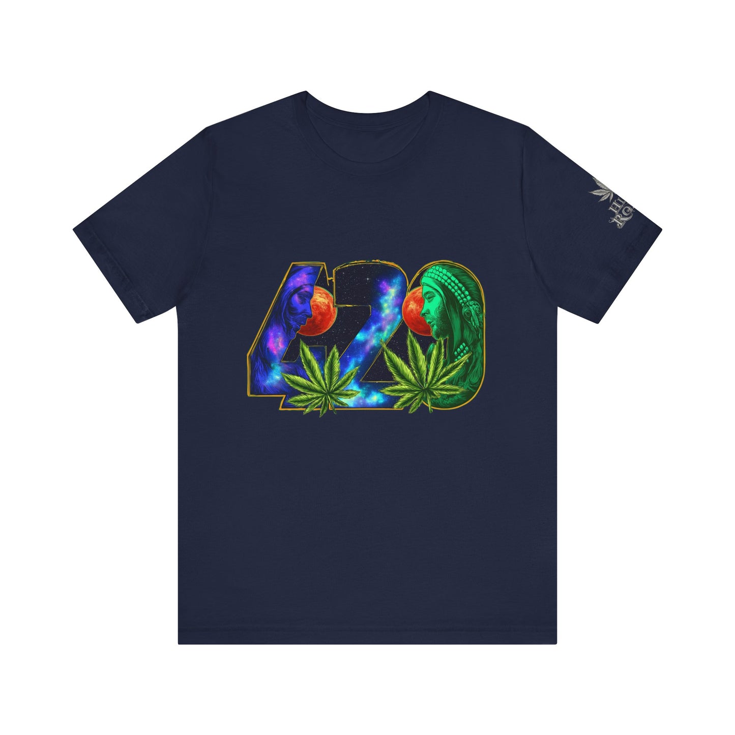 420 Cosmic Connection Premium Cannabis Culture T-Shirt - Bold Typography With Celestial Profiles And Luminous Cannabis Leaf Design