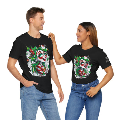High Roller Jester Queen Cannabis T-Shirt - Premium 420 Harlequin Beauty Holiday Celebration Apparel