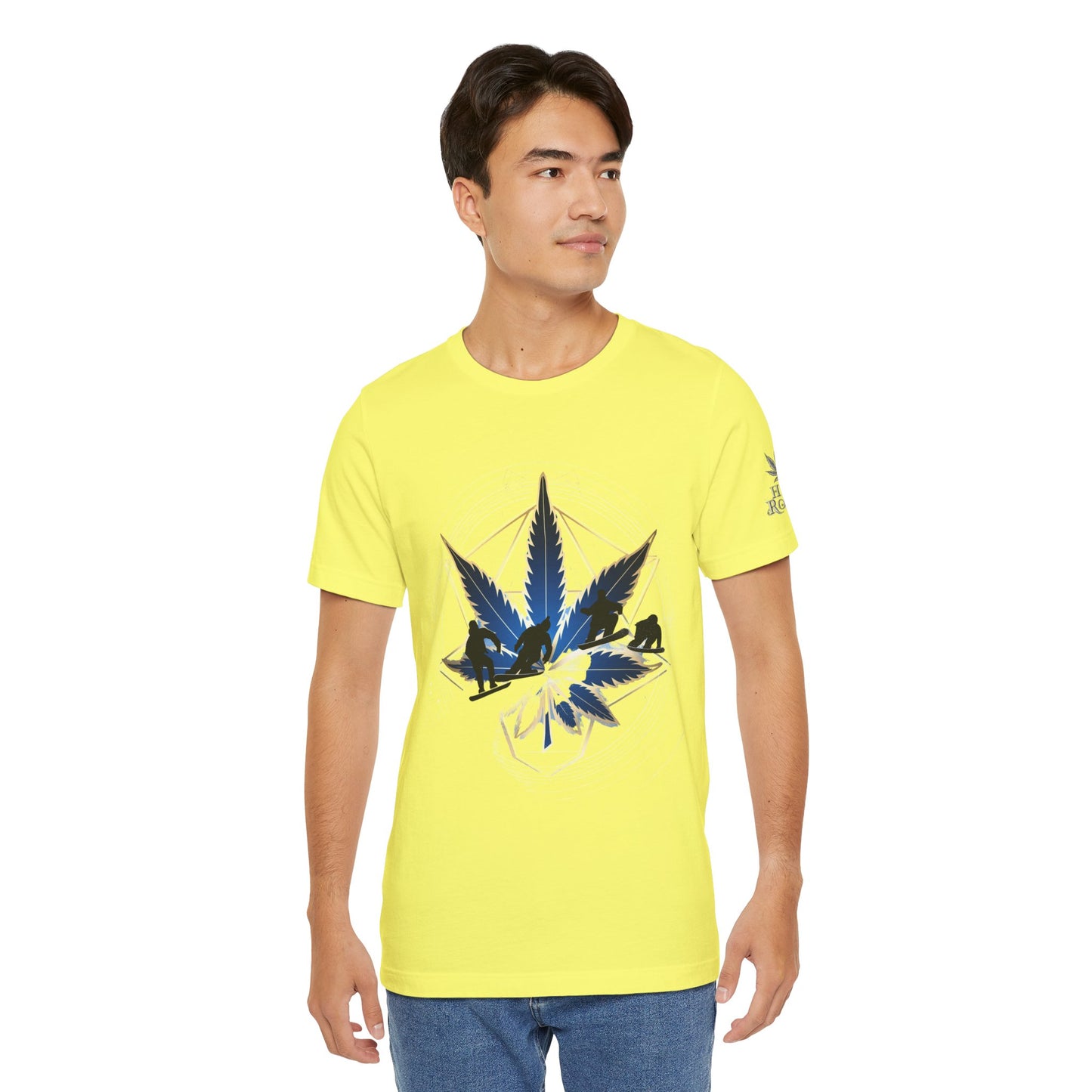 Sacred Geometry Snowboard Premium Cannabis Culture T-Shirt - Emerald Green Tee With Action Sports And Crystalline Cannabis Geometric Mandala