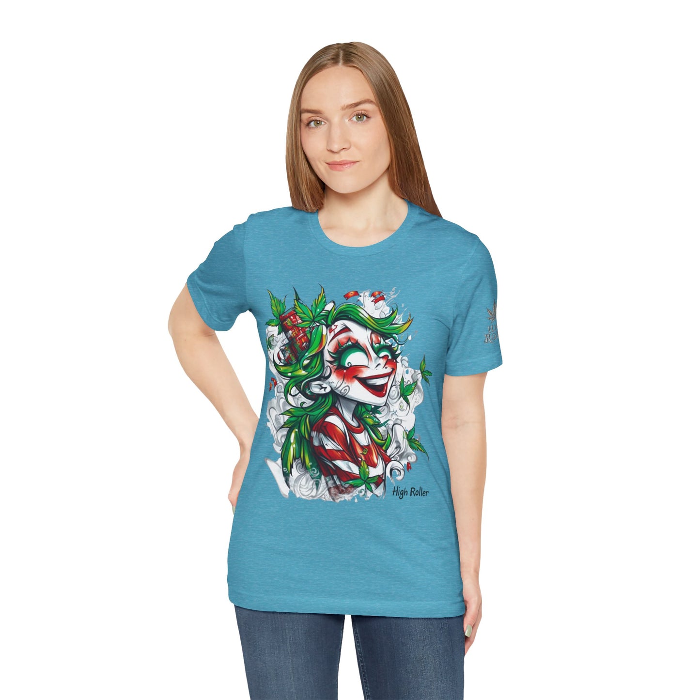 High Roller Jester Queen Cannabis T-Shirt - Premium 420 Harlequin Beauty Holiday Celebration Apparel