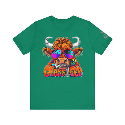 High Roller Grass Fed Cannabis T-Shirt - Premium 420 Highland Cow Humor Psychedelic Sunglasses Farm Culture Comedy Apparel