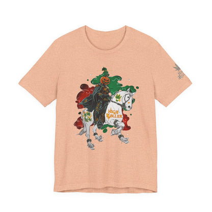 Headless Horseman HIGH ROLLER Halloween Cannabis T-Shirt - Premium Pumpkin Rider Skeletal Steed 420 Apparel