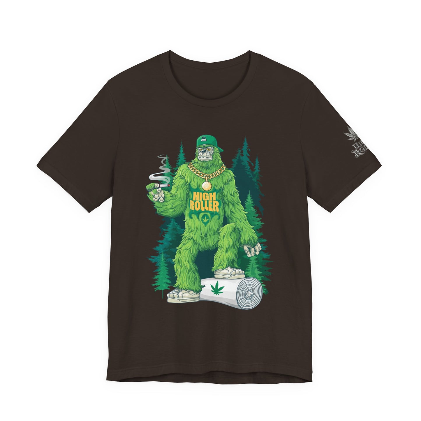 Bigfoot HIGH ROLLER Halloween Cannabis Forest T-Shirt - Premium Sasquatch Lifestyle Legend 420 Apparel