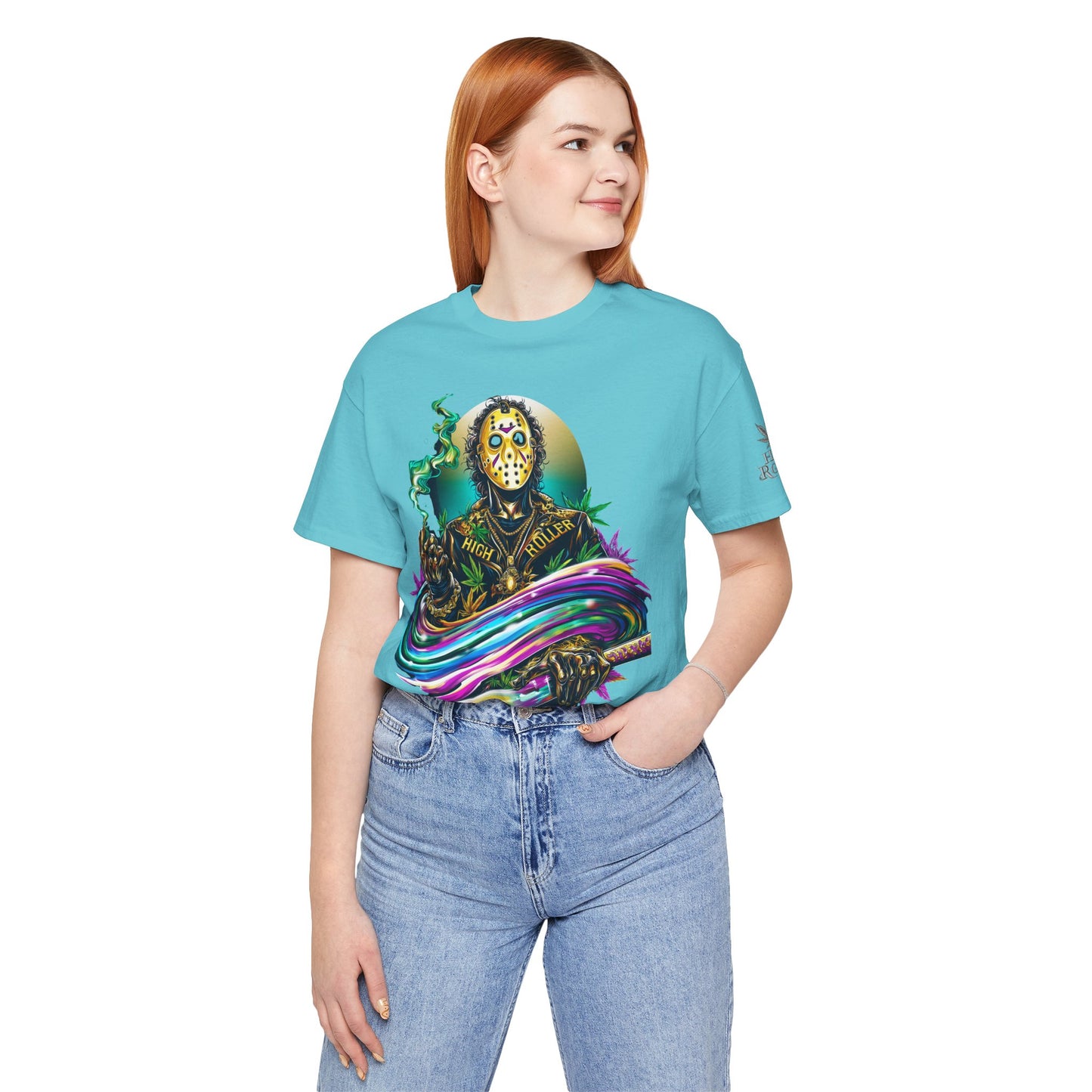 Psychedelic Jason Swoosh Cannabis T-Shirt - Premium Horror 420 Orange Edition Apparel