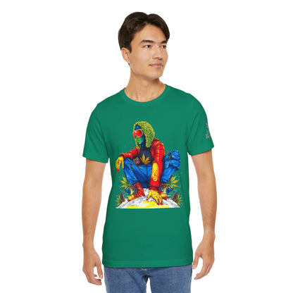Psychedelic Chill Premium Cannabis Culture T-Shirt - Vibrant Street Art With Rainbow Color Explosion And Meditative Pose