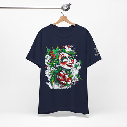 High Roller Jester Queen Cannabis T-Shirt - Premium 420 Harlequin Beauty Holiday Celebration Apparel