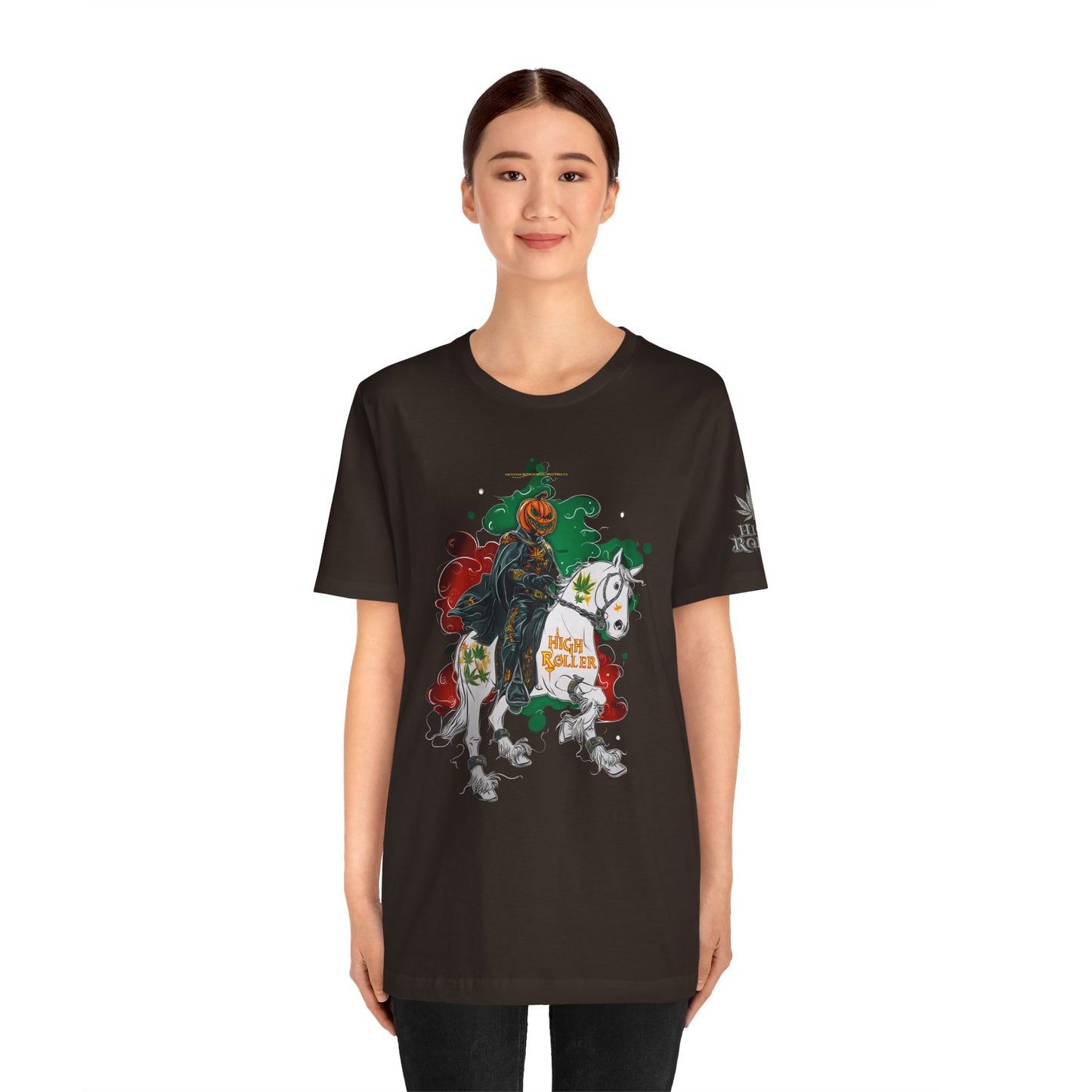 Headless Horseman HIGH ROLLER Halloween Cannabis T-Shirt - Premium Pumpkin Rider Skeletal Steed 420 Apparel