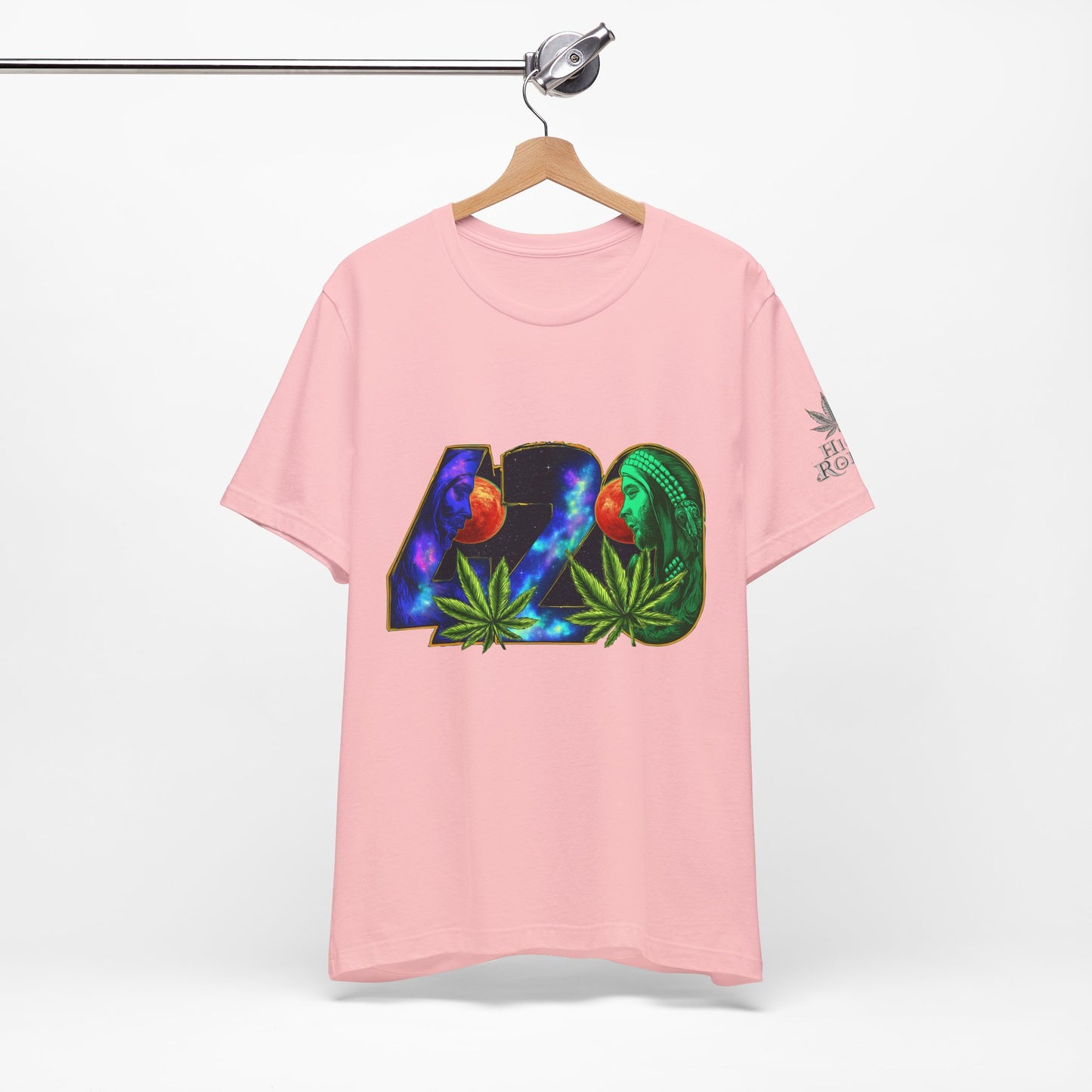 420 Cosmic Connection Premium Cannabis Culture T-Shirt - Bold Typography With Celestial Profiles And Luminous Cannabis Leaf Design