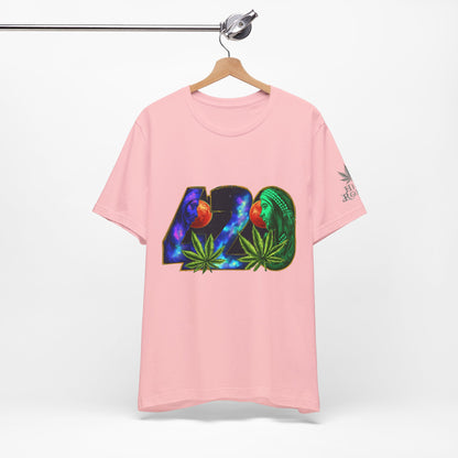 420 Cosmic Connection Premium Cannabis Culture T-Shirt - Bold Typography With Celestial Profiles And Luminous Cannabis Leaf Design