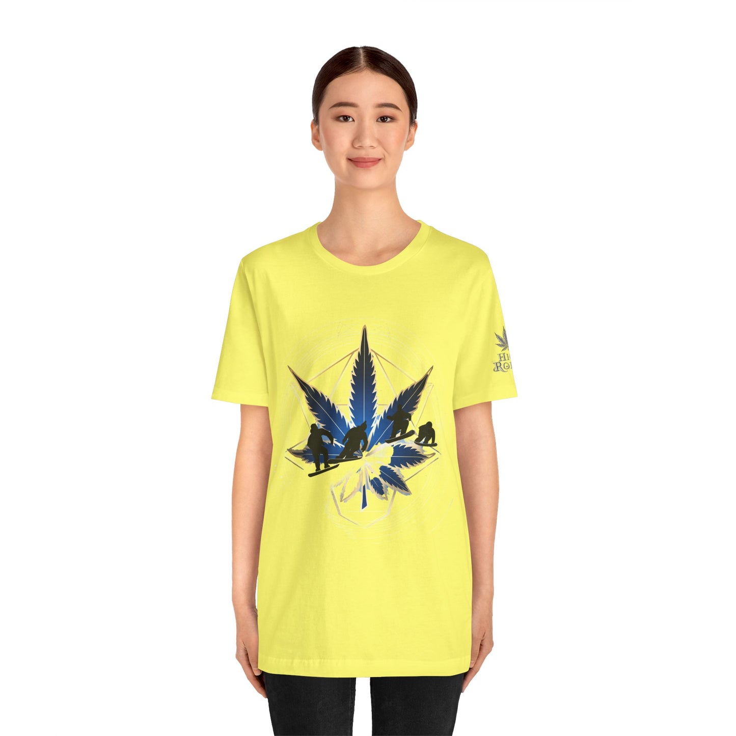 Sacred Geometry Snowboard Premium Cannabis Culture T-Shirt - Emerald Green Tee With Action Sports And Crystalline Cannabis Geometric Mandala