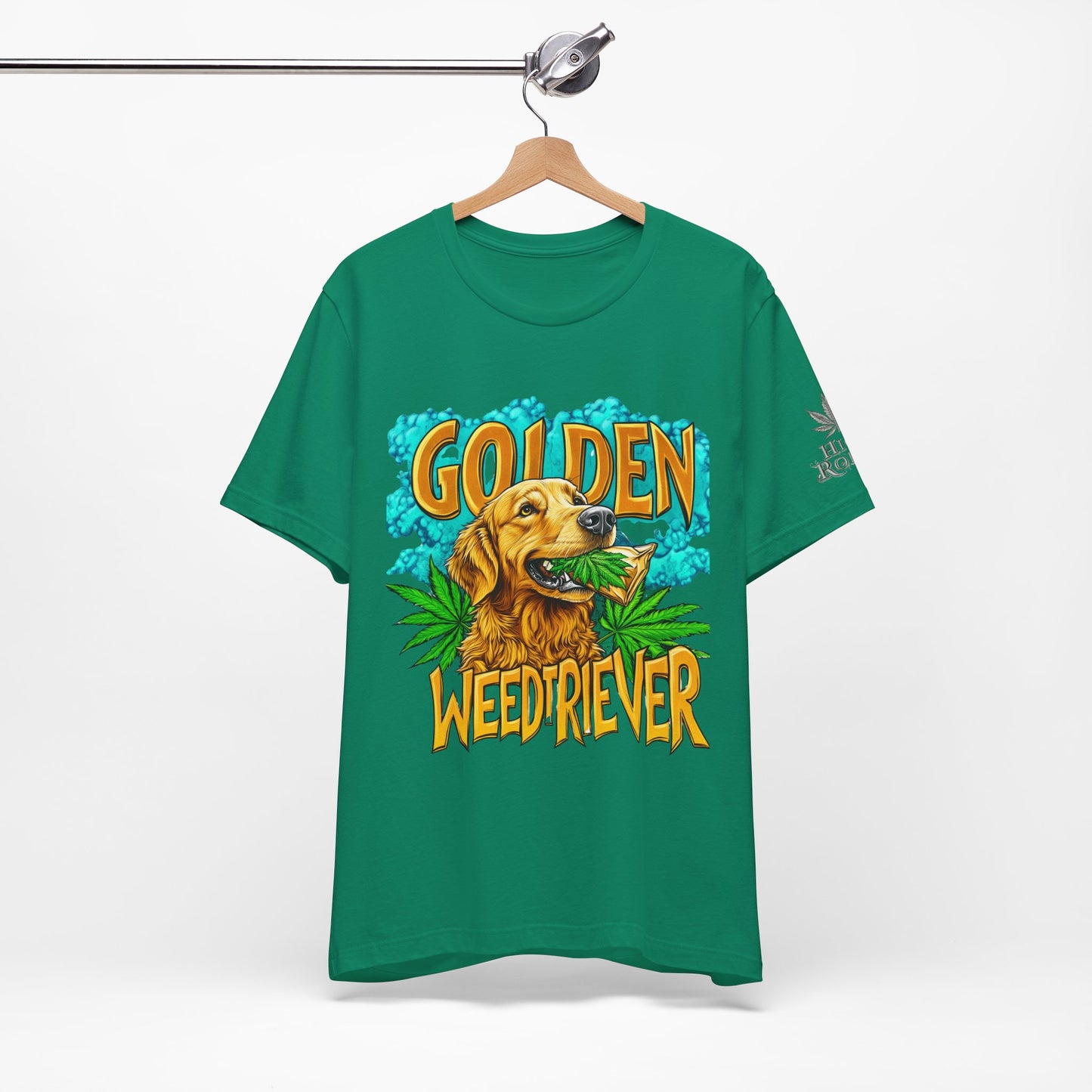 High Roller Golden Weedtriever Cannabis T-Shirt - Premium 420 Dog Lover Humor Golden Retriever Pun Comedy Pet Culture Apparel