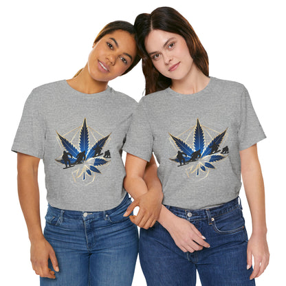 Sacred Geometry Snowboard Premium Cannabis Culture T-Shirt - Emerald Green Tee With Action Sports And Crystalline Cannabis Geometric Mandala