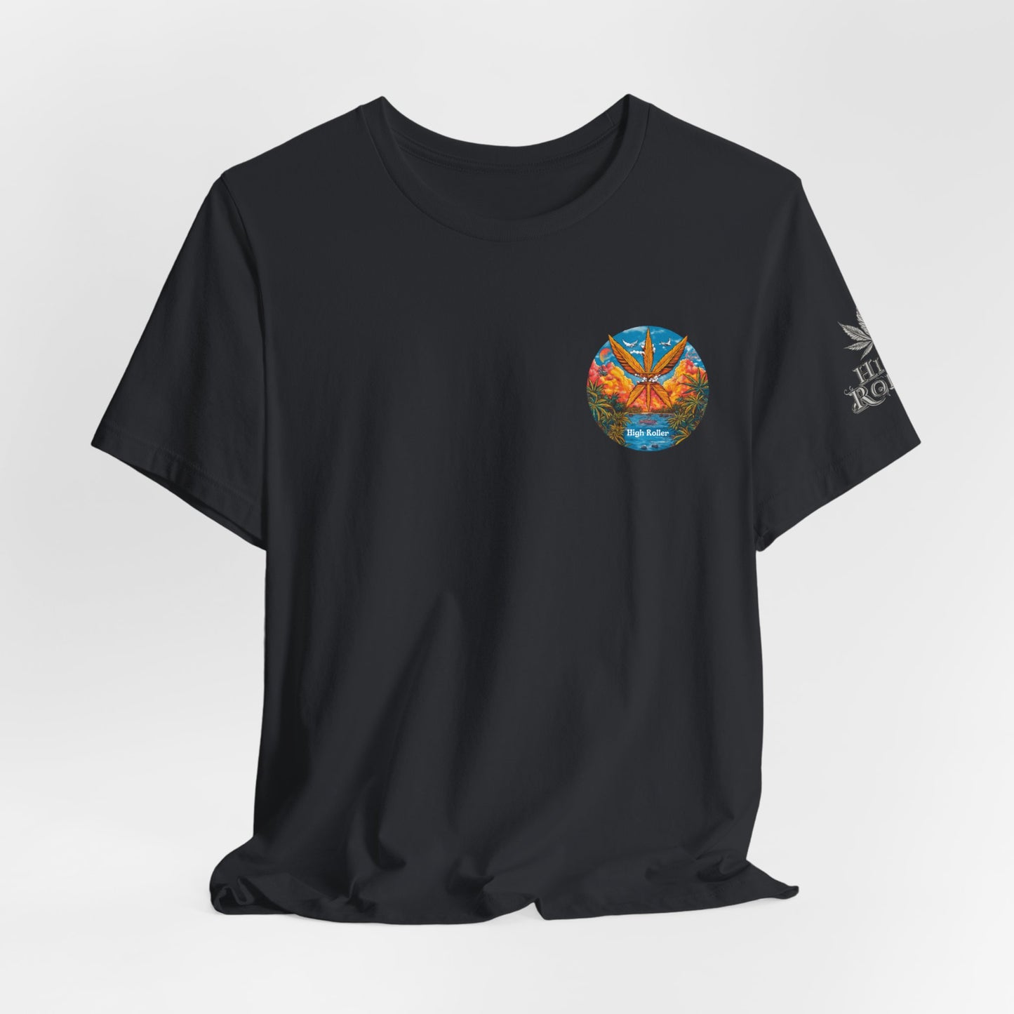 Cannabis Paradise Circle Tee - Tropical Sunset Art Design | High Roller