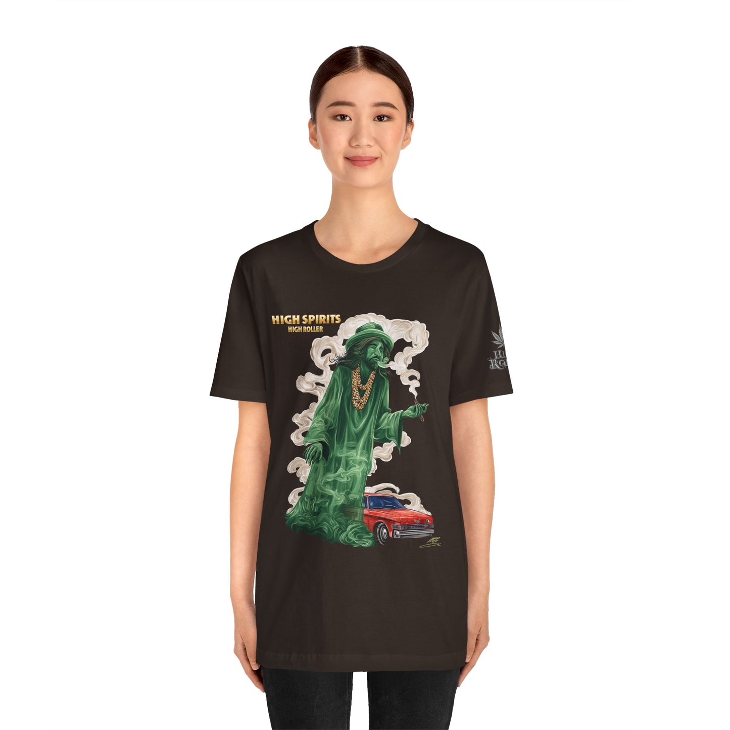 High Spirits HIGH ROLLER Halloween Cannabis Ghost T-Shirt - Premium Spectral Lowrider Phantom 420 Apparel
