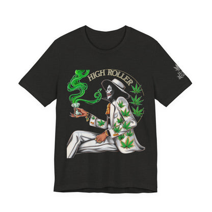 Skeletal HIGH ROLLER Halloween Cannabis Lounge T-Shirt - Premium Death's Day Off Botanical Relaxation 420 Apparel