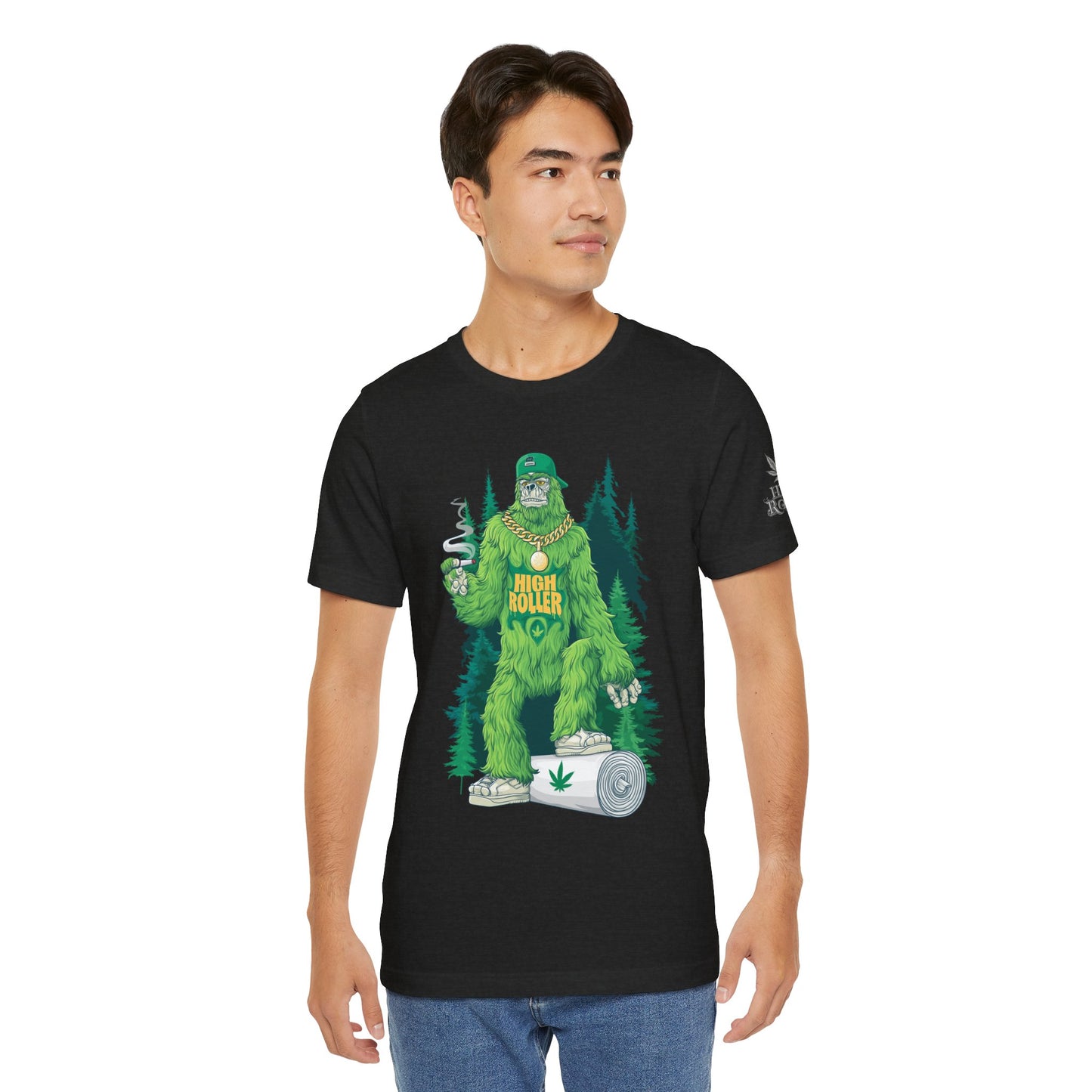 Bigfoot HIGH ROLLER Halloween Cannabis Forest T-Shirt - Premium Sasquatch Lifestyle Legend 420 Apparel