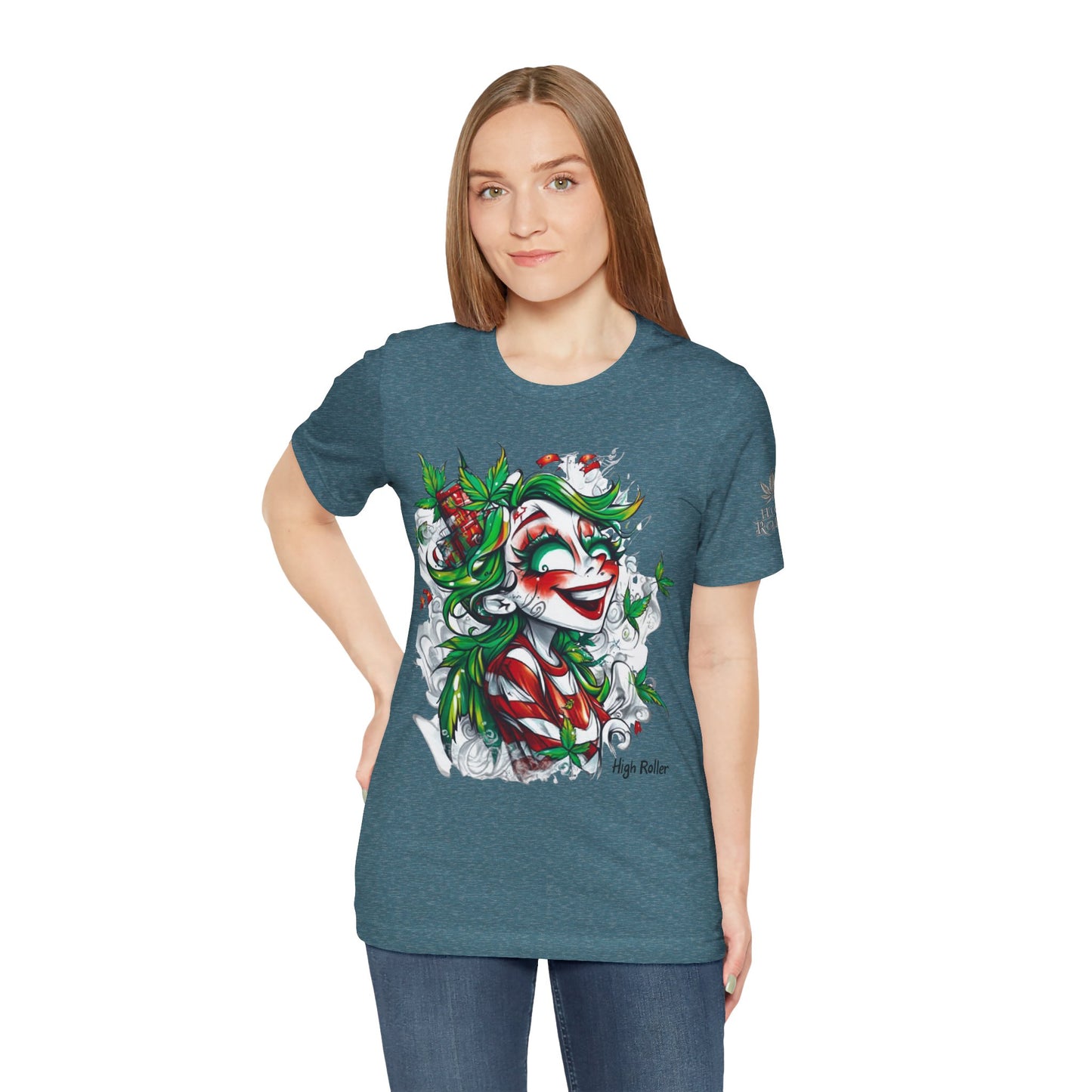 High Roller Jester Queen Cannabis T-Shirt - Premium 420 Harlequin Beauty Holiday Celebration Apparel