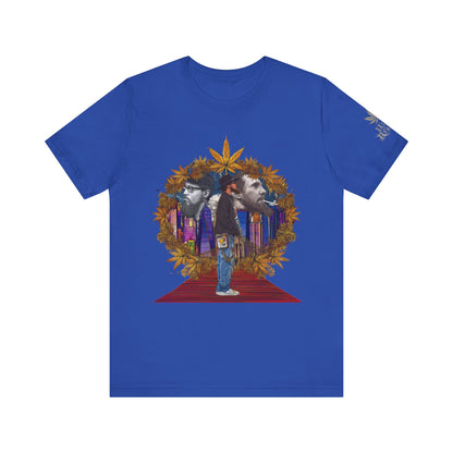 High Roller Red Carpet Cannabis T-Shirt - Premium 420 Hip-Hop Legacy Golden Frame Street Culture Artistic Portrait Apparel