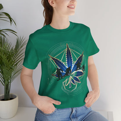 Sacred Geometry Snowboard Premium Cannabis Culture T-Shirt - Emerald Green Tee With Action Sports And Crystalline Cannabis Geometric Mandala