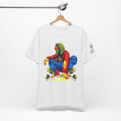 Psychedelic Chill Premium Cannabis Culture T-Shirt - Vibrant Street Art With Rainbow Color Explosion And Meditative Pose